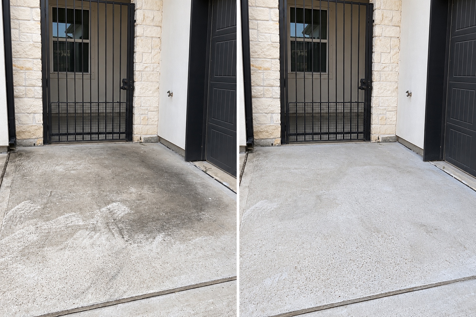 Before and after comparison of a concrete entrance, showing the same gated doorway