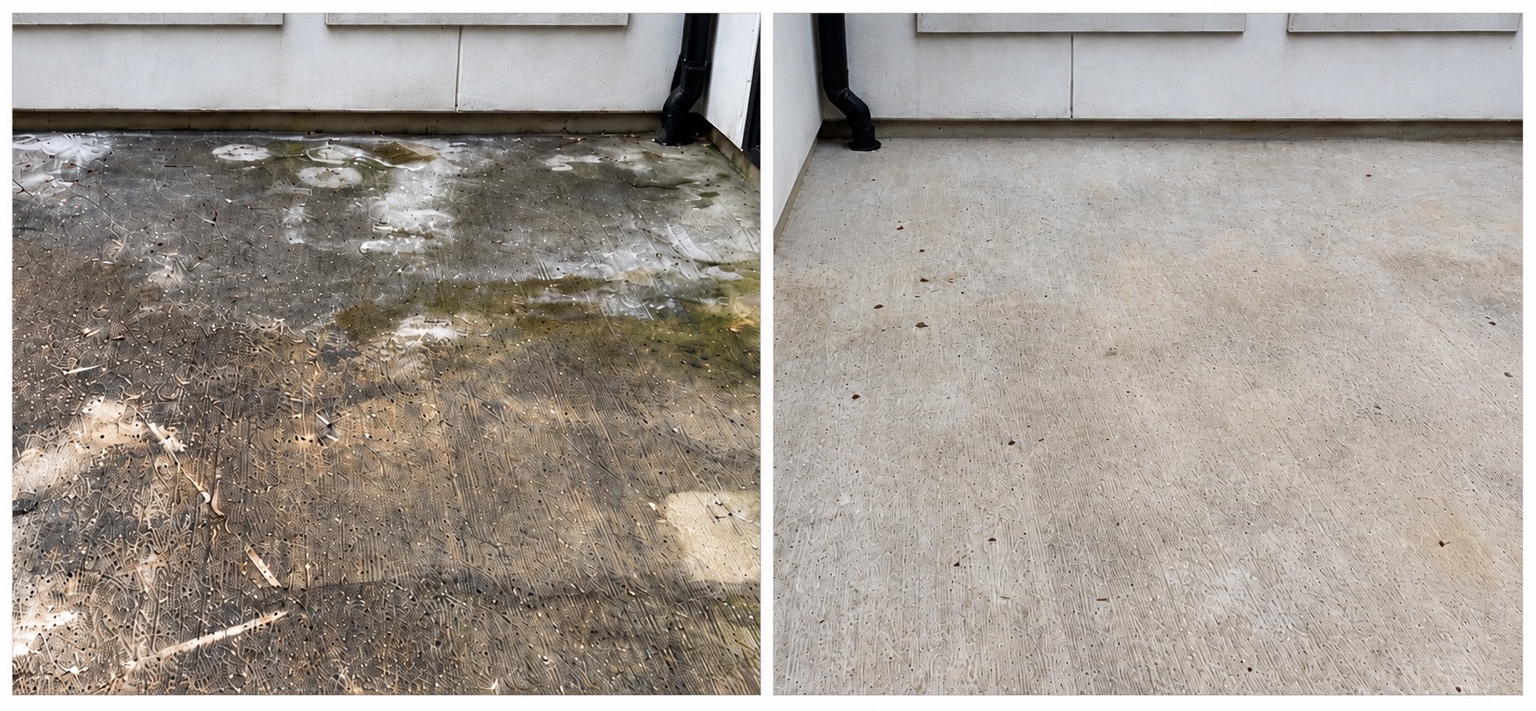 Before and after comparison of concrete beside the exterior wall and downspout of a home